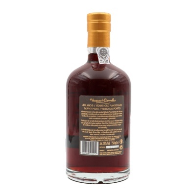 Garrafa de vinho do Porto Tawny de 40 anos com tampa dourada e rótulo no verso