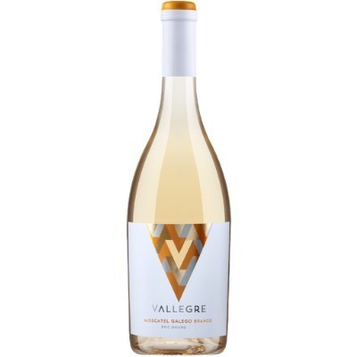 Garrafa de vinho branco Vallegre com padrão dourado no rótulo