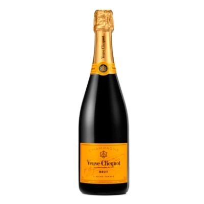 Garrafa de champanhe Veuve Clicquot Brut com rótulo amarelo e tampa dourada