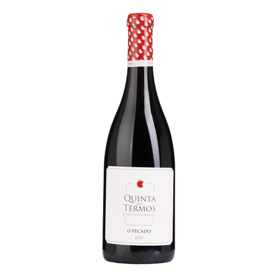 Garrafa de vinho tinto Quinta dos Termos O Pecado 2022 com cápsula vermelha e rótulo branco