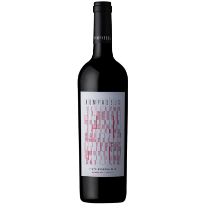 Garrafa de vinho tinto Kompassus Tinto Reserva 2015 com rótulo branco e vermelho