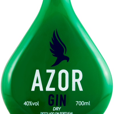 Garrafa verde de gin Azor com texto e símbolo de águia