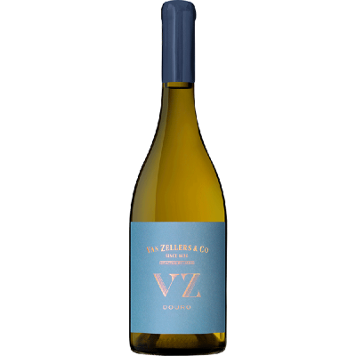 Garrafa de vinho branco com rótulo azul VAN ZELLERS & CO