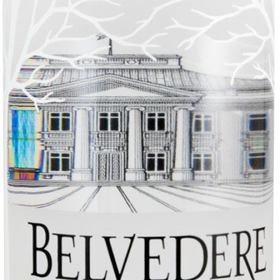 Frasco de vodka Belvedere com desenho do Palácio Belvédère e texto visível