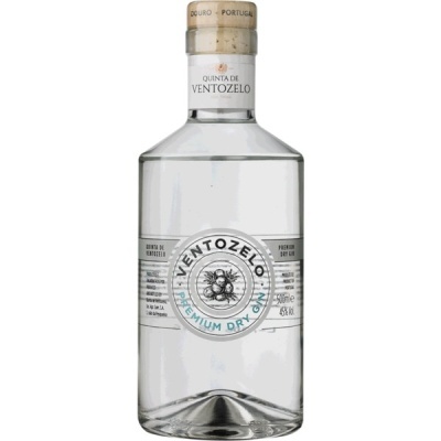 Garrafa de vidro transparente com tampa de cortiça e rótulo de gin