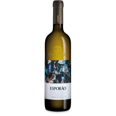 Garrafa de vinho branco ESporão Private Selection 2020 com rótulo colorido.
