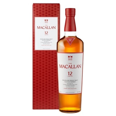 Garrafa de whisky The Macallan 12 anos com caixa vermelha