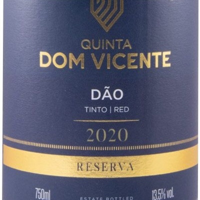 Rótulo de vinho tinto Quinta Dom Vicente Dão 2020 Reserva azul escuro com texto dourado