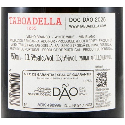 Etiqueta branca com texto vermelho e preto de vinho branco TABOADELLA 1255, DOC DÃO 2025, 750ml, 13,5% álcool, selo de garantia e código de barras