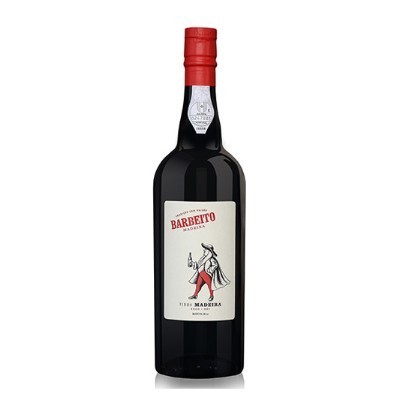 Garrafa de vinho Barbeito Ramosa com tampa vermelha e rótulo com desenho e texto