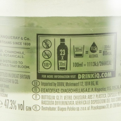 Etiqueta traseira de garrafa de gim com texto informativo