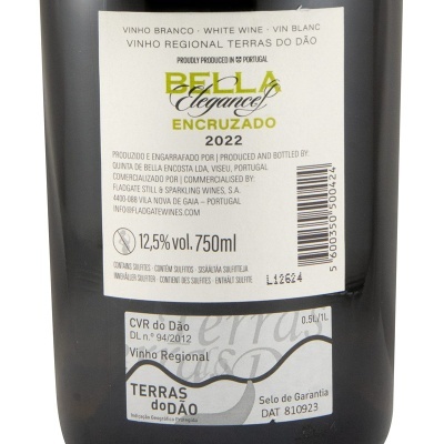 Rótulo de vinho branco Bella Elegance Encruzado 2022 com informações de produção e selo de garantia.