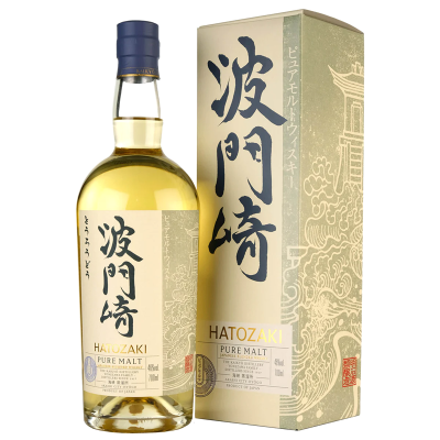 Garrafa de whisky Hatozaki Pure Malt com embalagem bege e caracteres japoneses