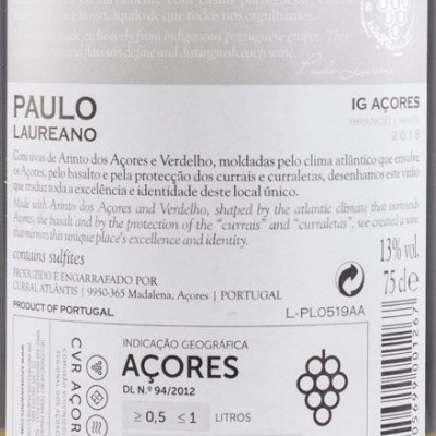 Etiqueta de vinho branco Paulo Laureano IG Açores 2018 com informações detalhadas