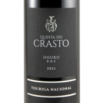 Rótulo de vinho preto com texto branco Quinta do Crasto Douro 2021 Touriga Nacional