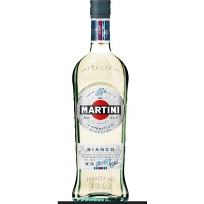 Garrafa de Martini Bianco em vidro transparente com tampo azul e rótulos branco e vermelho.