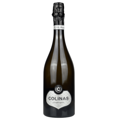 Garrafa de vinho espumante Reserva Colinas Cuvée Brut com rótulo branco e tampa preta