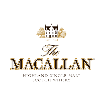 Logotipo de The Macallan whisky em dourado e preto com casa senhorial