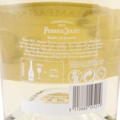 Rótulo de garrafa de champanhe Perrier-Jouët Brut Blanc de Blancs com texto informativo.