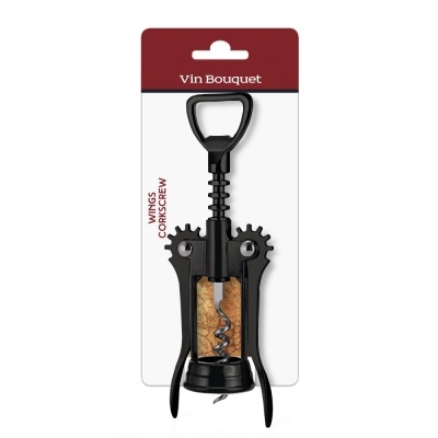 Saca-rolhas de asas pretas com rolha, embalado em cartão Vin Bouquet