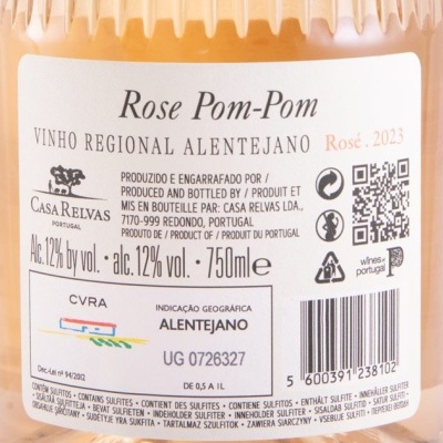 Etiqueta de vinho rosé Alentejano Casa Relvas com informações detalhadas e código de barras