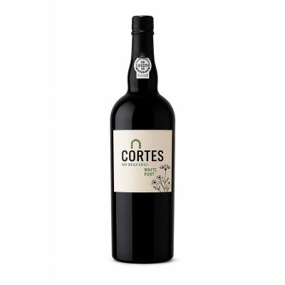 Garrafa de vinho do Porto branco Cortes do Reguengo com rótulo creme e desenho floral