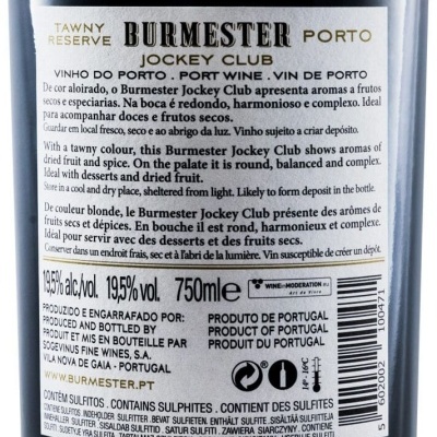 Rótulo traseiro de vinho do Porto Burmester Jockey Club Tawny Reserve com texto informativo