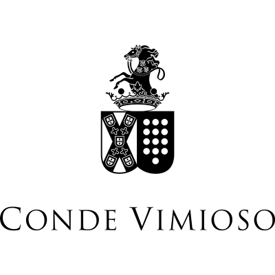 Brasão em preto e branco acima do texto CONDE VIMIOSO sobre fundo branco