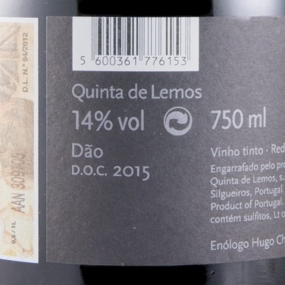 Rótulo de garrafa de vinho tinto Quinta de Lemos Dão 2015 750 ml