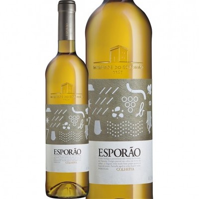 Duas garrafas de vinho branco Esporão Colheita com rótulo cinza e branco