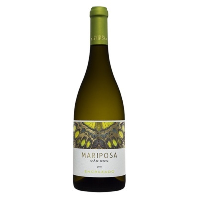 Garrafa de vinho branco Mariposa Dão DOC 2018 Encruzado com rótulo colorido e tampa verde