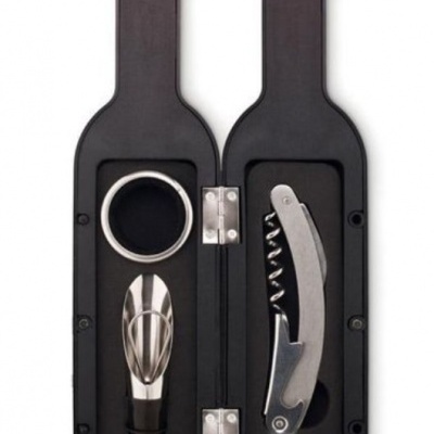 Conjunto de acessórios para vinho em estojo preto em forma de garrafa