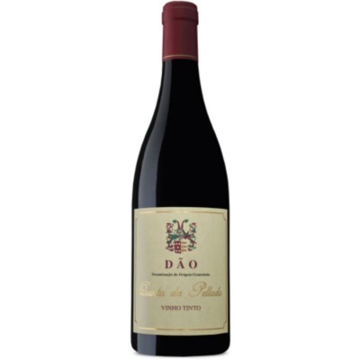 Garrafa de vinho tinto com rótulo bege e tampa vermelha