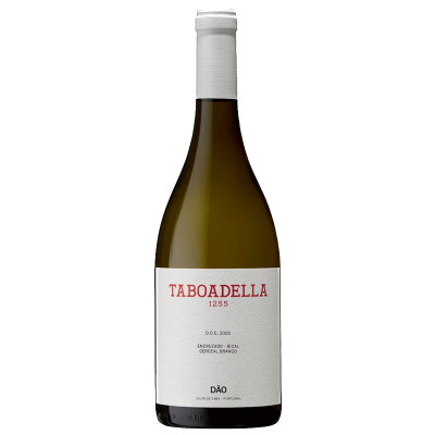 Garrafa de vinho branco Taboadella 1255 com rótulo branco e texto em vermelho e preto