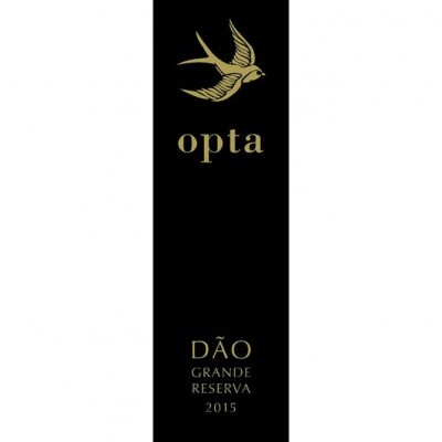 Etiqueta de vinho preta com andorinha dourada e texto opta, DÃO GRANDE RESERVA 2015