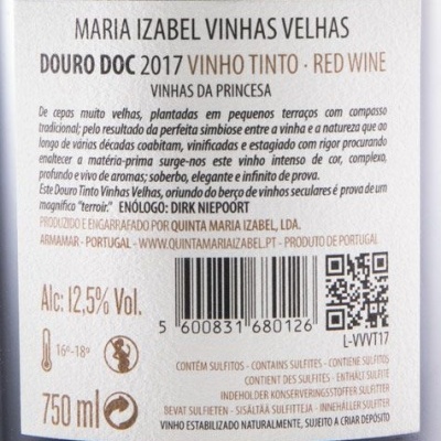 Etiqueta de vinho Maria Izabel Vinhas Velhas Douro DOC 2017 Vinho Tinto com texto informativo e código de barras