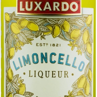Rótulo de garrafa amarela de Limoncello Luxardo com ilustração de limões e texto em várias cores