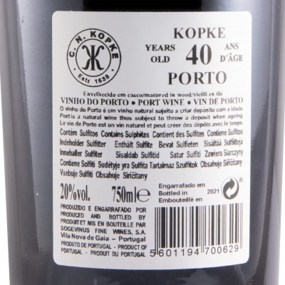 Etiqueta detalhada de garrafa de Vinho do Porto Kopke 40 anos