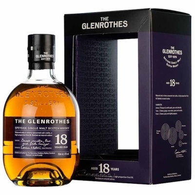 Garrafa de whisky The Glenrothes 18 anos com caixa preta e azul