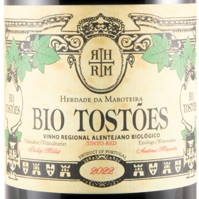 Rótulo de vinho BIO TOSTÕES tinto regional alentejano orgânico ano 2022 com folhas verdes e brasões
