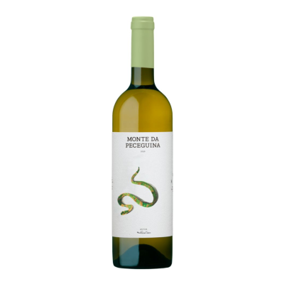 Garrafa de vinho branco Monte da Peceguina com rótulo branco e serpente verde