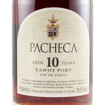 Garrafa de vinho do Porto Pacheca Tawny 10 anos com rotulo creme e brasao