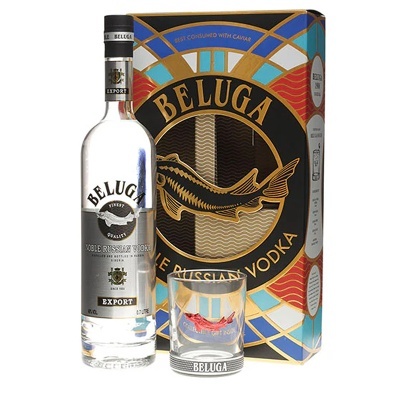 Conjunto de vodka Beluga com garrafa, copo e caixa decorativa