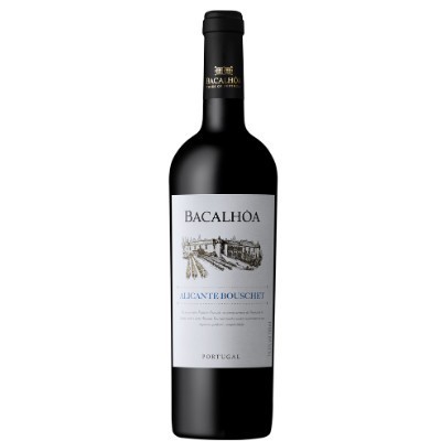 Garrafa de vinho Bacalhôa Alicante Bouschet com rótulo branco e cápsula preta