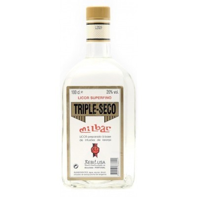 Garrafa de licor transparente com rótulo branco e texto 'TRIPLE-SECO milbas'