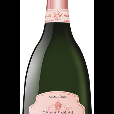 Garrafa de champanhe Canard-Duchêne Charles VII Brut Rosé com rótulo rosa e tampa metálica rosa