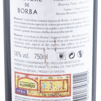 Etiqueta traseira de garrafa de vinho MAMORÉ DE BORBA Alentejo DOC Reserva Tinto 2011