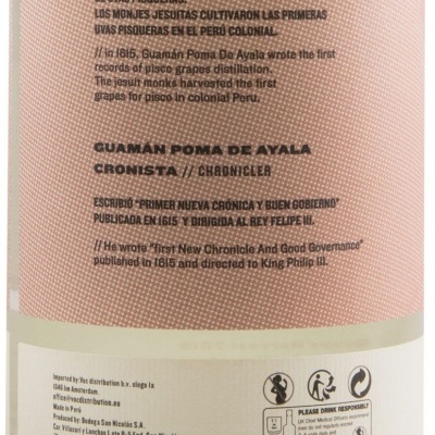 Rótulo traseiro de garrafa com texto histórico e detalhes de produção