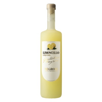 Garrafa de licor Limoncello amarelo com etiqueta branca e texto