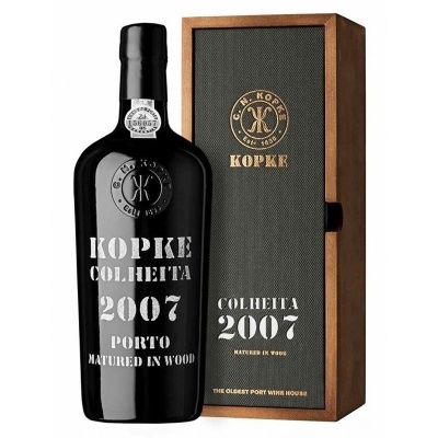 Garrafa preta de vinho Porto Kopke Colheita 2007 com caixa de madeira